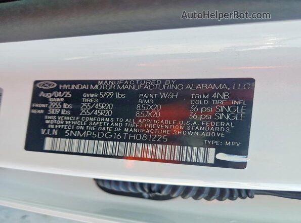 5NMP5DG16TH081225 2026 HYUNDAI SANTA White Widok naklejki z numerem VIN