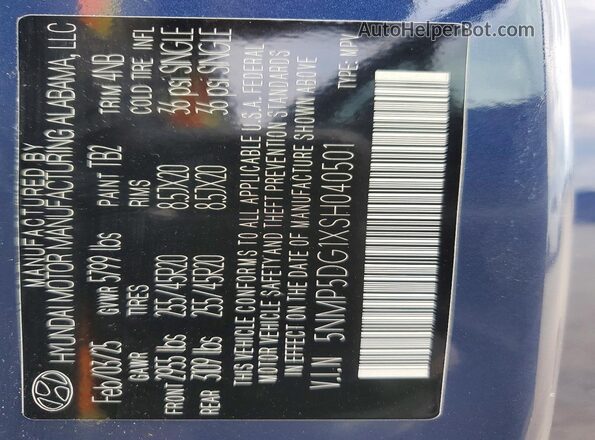 5NMP5DG1XSH040501 2025 HYUNDAI SANTA Blue VIN կոդի պիտակի տեսք