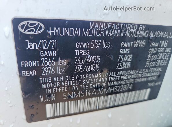 5NMS14AJ0MH322874 2021 HYUNDAI SANTA White VIN կոդի պիտակի տեսք