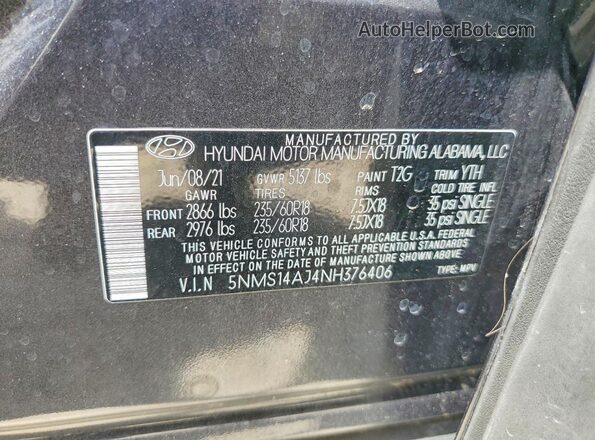 5NMS14AJ4NH376406 2022 HYUNDAI SANTA FE Gray Widok wnętrza 360 stopni