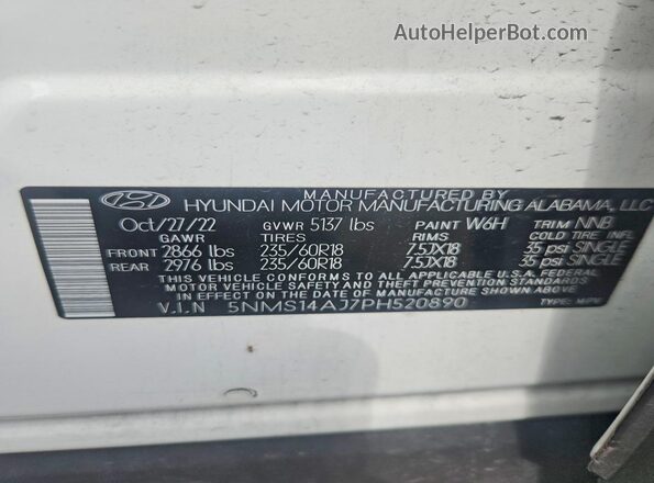 5NMS14AJ7PH520890 2023 HYUNDAI SANTA White VIN sticker view