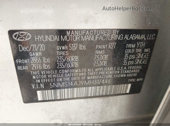 5NMS14AJ9MH317446 2021 HYUNDAI SANTA FE Silver Engine compartment view