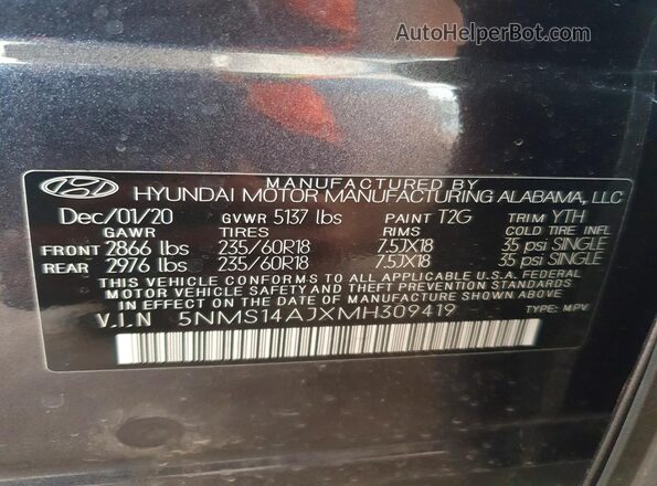 5NMS14AJXMH309419 2021 HYUNDAI SANTA Угольный Вид наклейки с VIN-кодом