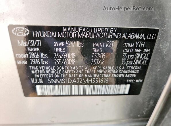 5NMS1DAJ2MH351616 2021 HYUNDAI SANTA Серебряный Вид наклейки с VIN-кодом