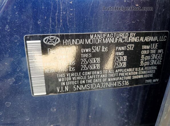 5NMS1DAJ2NH415316 2022 HYUNDAI SANTA Синий Вид подкапотного пространства