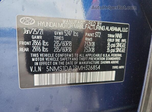 5NMS1DAJ3MH326854 2021 HYUNDAI SANTA Синий Вид наклейки с VIN-кодом