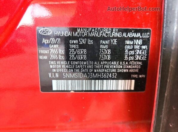 5NMS1DAJ3MH362432 2021 HYUNDAI SANTA Red VIN կոդի պիտակի տեսք
