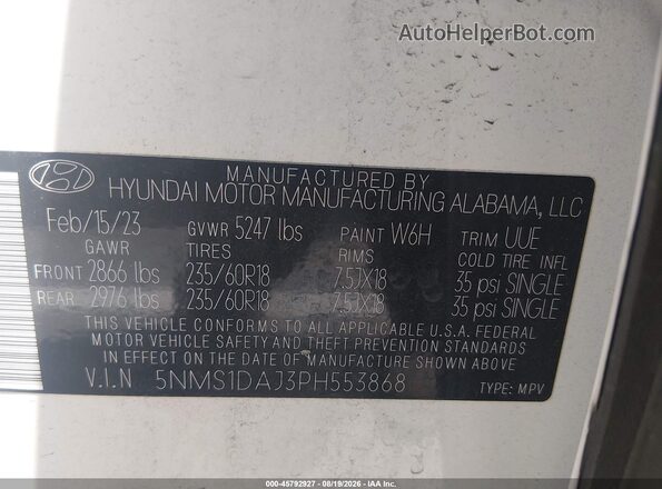 5NMS1DAJ3PH553868 2023 HYUNDAI SANTA FE White Vista del compartimento del motor