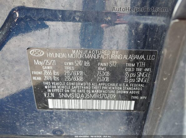 5NMS1DAJ5MH370709 2021 HYUNDAI SANTA FE Blue ძრავის განყოფილების ხედი