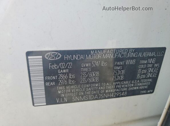 5NMS1DAJ5NH429548 2022 HYUNDAI SANTA Белый Вид наклейки с VIN-кодом