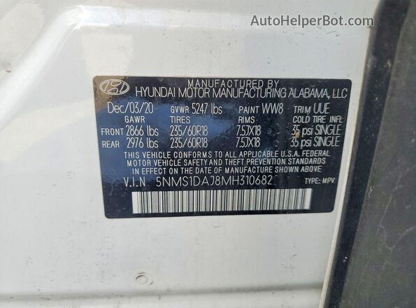 5NMS1DAJ8MH310682 2021 HYUNDAI SANTA Белый Панорамный вид салона 360°
