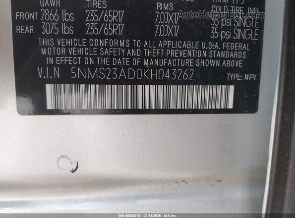5NMS23AD0KH043262 2019 HYUNDAI SANTA FE Серебряный Вид подкапотного пространства