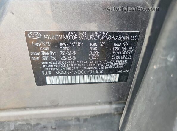 5NMS23AD0KH090016 2019 HYUNDAI SANTA Gray VIN կոդի պիտակի տեսք