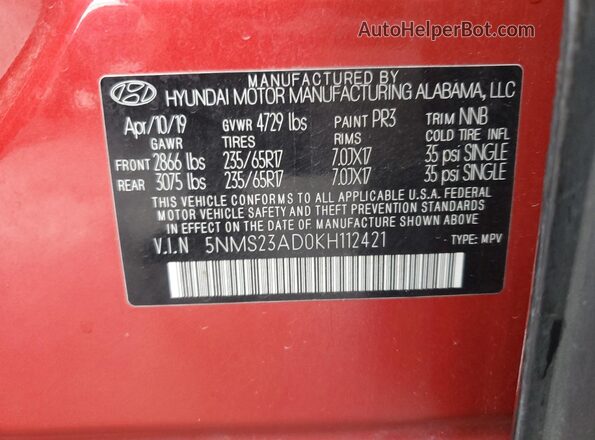 5NMS23AD0KH112421 2019 HYUNDAI SANTA Red 