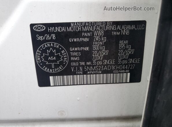 5NMS23AD1KH044727 2019 HYUNDAI SANTA White VIN კოდის სტიკერის ხედი