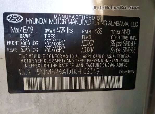 5NMS23AD1KH102349 2019 HYUNDAI SANTA Silver Vista del compartimento del motor