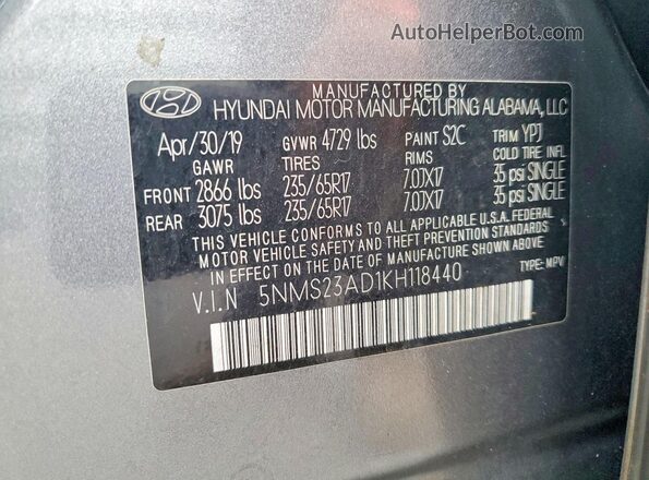 5NMS23AD1KH118440 2019 HYUNDAI SANTA Gray VIN sticker view