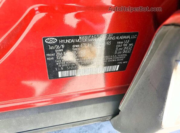 5NMS23AD1KH135030 2019 HYUNDAI SANTA Red Vista de la etiqueta del VIN