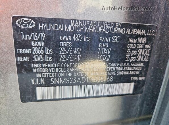 5NMS23AD1LH138768 2020 HYUNDAI SANTA Gray VIN კოდის სტიკერის ხედი