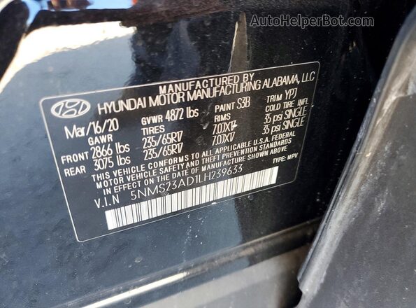 5NMS23AD1LH239633 2020 HYUNDAI SANTA Черный Вид подкапотного пространства