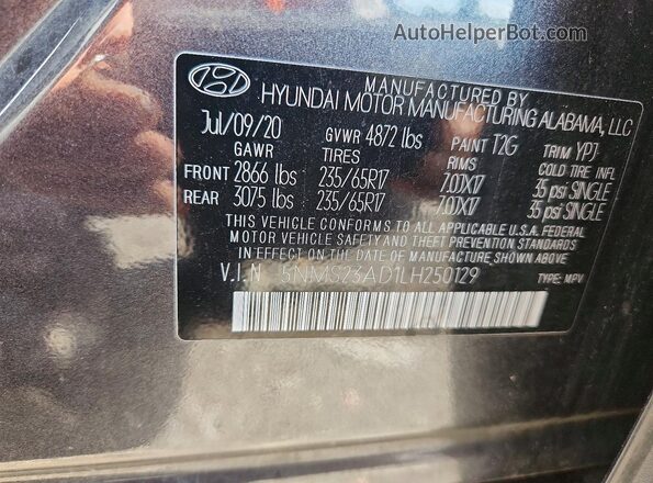 5NMS23AD1LH250129 2020 HYUNDAI SANTA Серый Вид подкапотного пространства