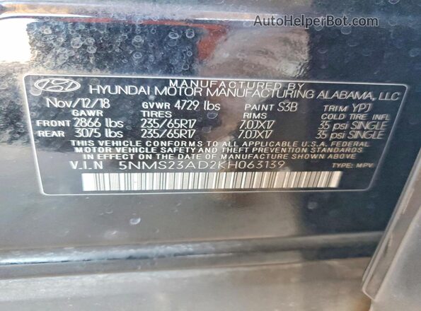 5NMS23AD2KH063139 2019 HYUNDAI SANTA Black VIN կոդի պիտակի տեսք