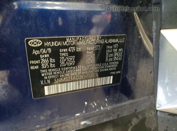 5NMS23AD2KH110024 2019 HYUNDAI SANTA Blue VIN კოდის სტიკერის ხედი