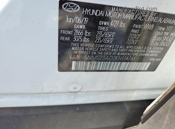 5NMS23AD2KH134761 2019 HYUNDAI SANTA Белый Вид наклейки с VIN-кодом