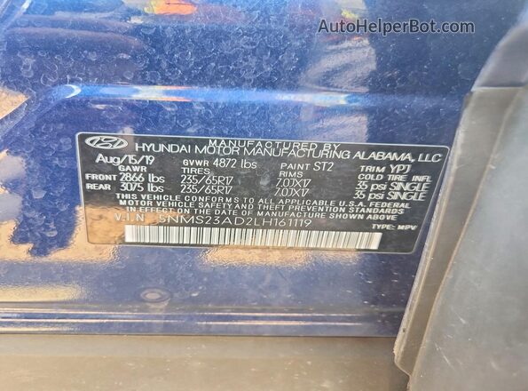 5NMS23AD2LH161119 2020 HYUNDAI SANTA Blue Widok naklejki z numerem VIN