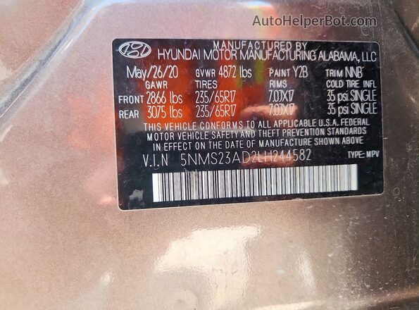 5NMS23AD2LH244582 2020 HYUNDAI SANTA Tan ძრავის განყოფილების ხედი