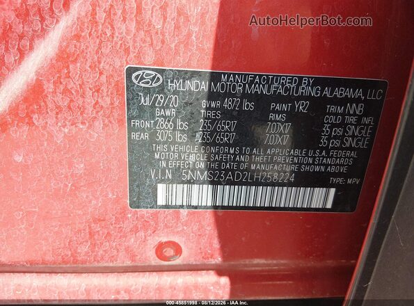 5NMS23AD2LH258224 2020 HYUNDAI SANTA FE Оранжевый Вид подкапотного пространства
