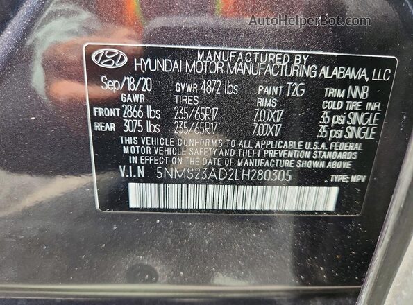5NMS23AD2LH280305 2020 HYUNDAI SANTA Gray Панорамний вид салону 360°