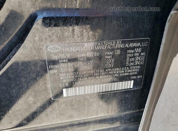5NMS23AD3LH168516 2020 HYUNDAI SANTA Black Вид підкапотного простору