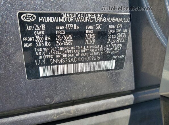 5NMS23AD4KH009616 2019 HYUNDAI SANTA Gray Սալոնի 360 աստիճան տեսք