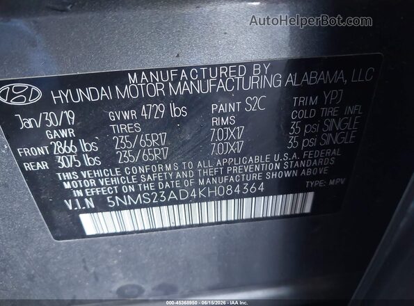 5NMS23AD4KH084364 2019 HYUNDAI SANTA FE Серый Вид подкапотного пространства