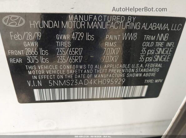 5NMS23AD4KH095929 2019 HYUNDAI SANTA FE White Engine compartment view