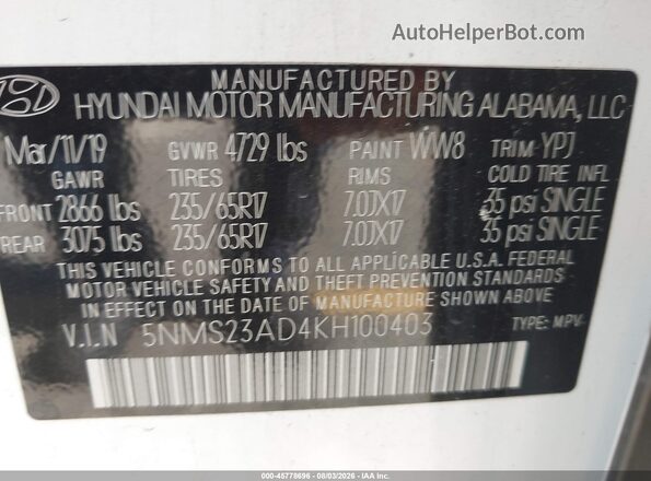 5NMS23AD4KH100403 2019 HYUNDAI SANTA FE White Vista del compartimento del motor
