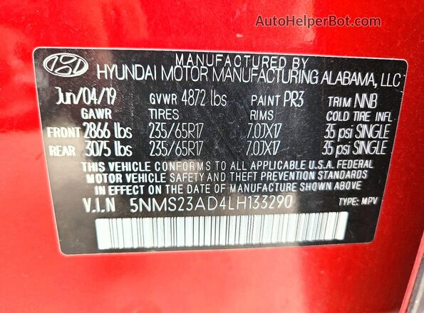 5NMS23AD4LH133290 2020 HYUNDAI SANTA Red სალონის 360-გრადუსიანი ხედი