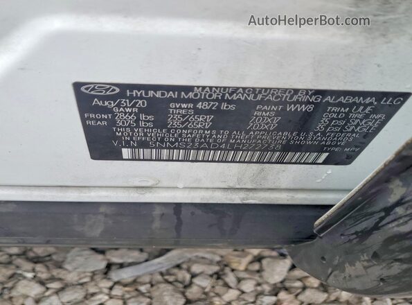 5NMS23AD4LH272738 2020 HYUNDAI SANTA White VIN კოდის სტიკერის ხედი