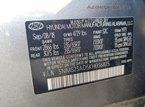 5NMS23AD5KH036825 2019 HYUNDAI SANTA Gray 360 interior view