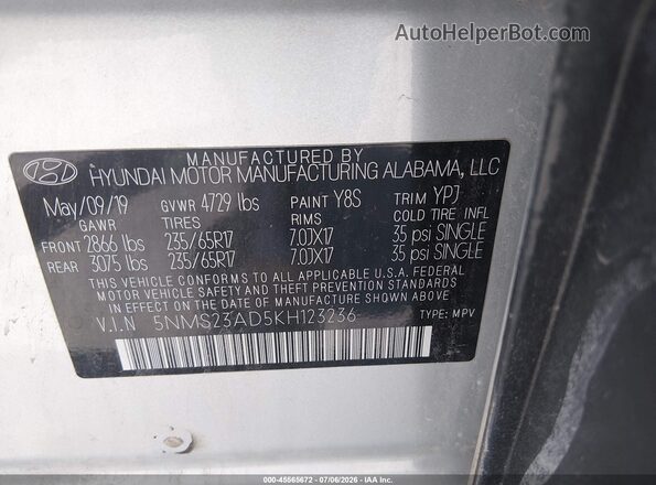 5NMS23AD5KH123236 2019 HYUNDAI SANTA FE Silver Engine compartment view