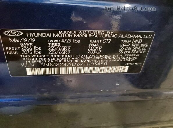 5NMS23AD6KH103450 2019 HYUNDAI SANTA Blue VIN კოდის სტიკერის ხედი