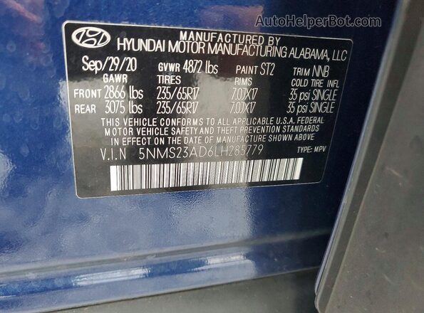 5NMS23AD6LH285779 2020 HYUNDAI SANTA Blue 360 interior view