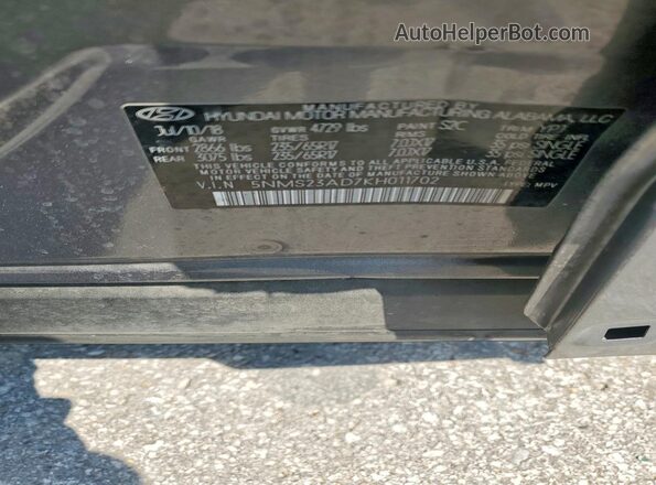 5NMS23AD7KH011702 2019 HYUNDAI SANTA Gray VIN კოდის სტიკერის ხედი