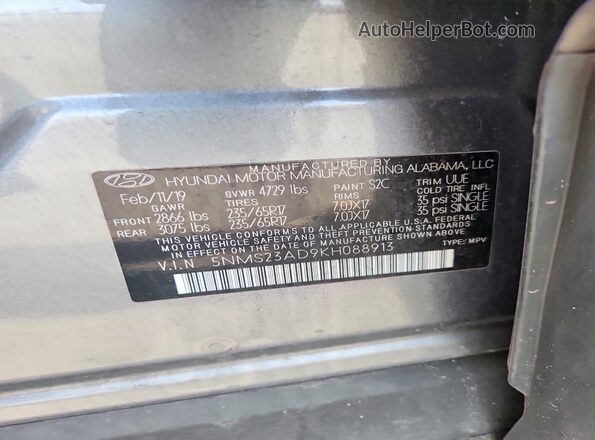 5NMS23AD9KH088913 2019 HYUNDAI SANTA Gray Widok naklejki z numerem VIN