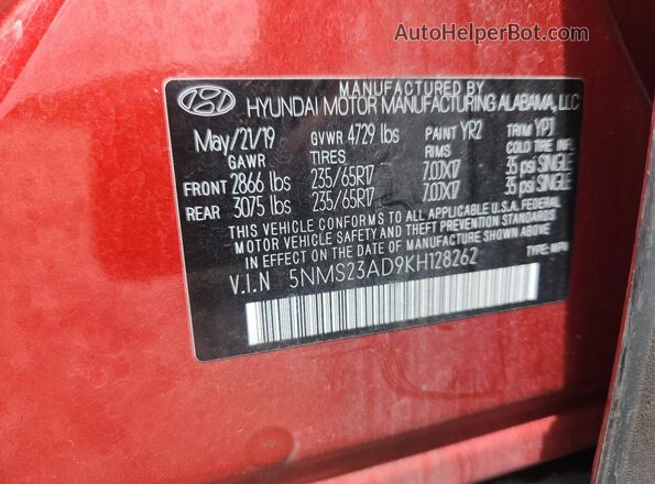 5NMS23AD9KH128262 2019 HYUNDAI SANTA Оранжевый Вид наклейки с VIN-кодом