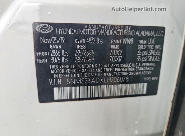 5NMS23ADXLH206078 2020 HYUNDAI SANTA Белый Вид наклейки с VIN-кодом