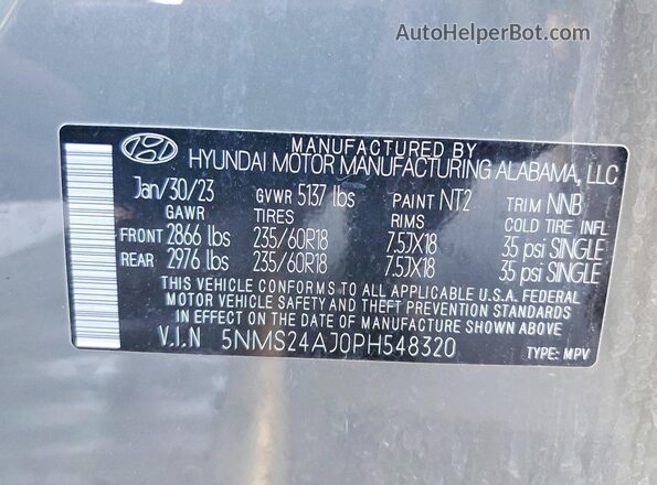 5NMS24AJ0PH548320 2023 HYUNDAI SANTA Gray Панорамний вид салону 360°
