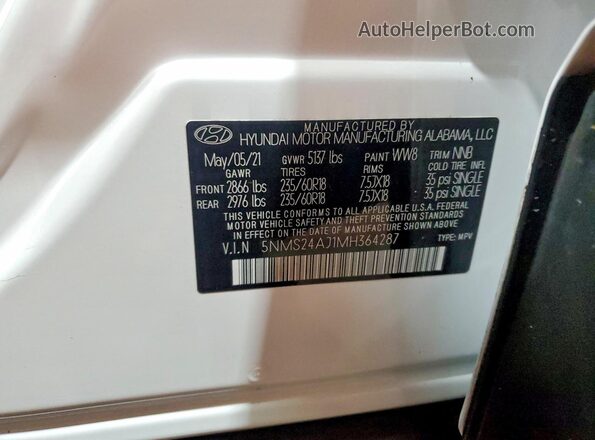 5NMS24AJ1MH364287 2021 HYUNDAI SANTA White Widok naklejki z numerem VIN