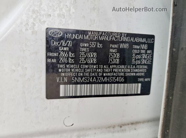 5NMS24AJ2MH315406 2021 HYUNDAI SANTA Белый Вид подкапотного пространства